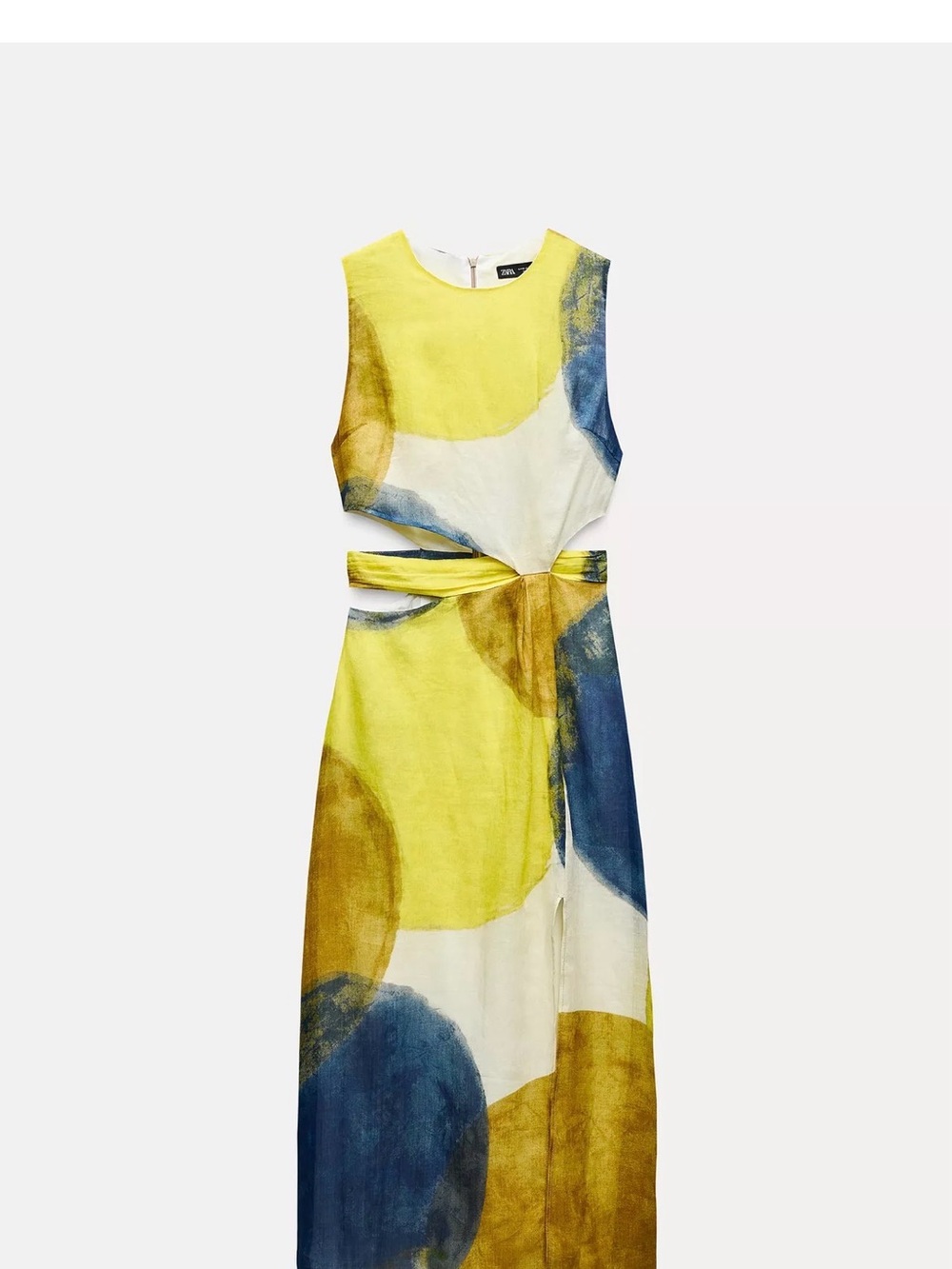 Zara Yellow, Blue & White Midi Dress with Cutout Waist